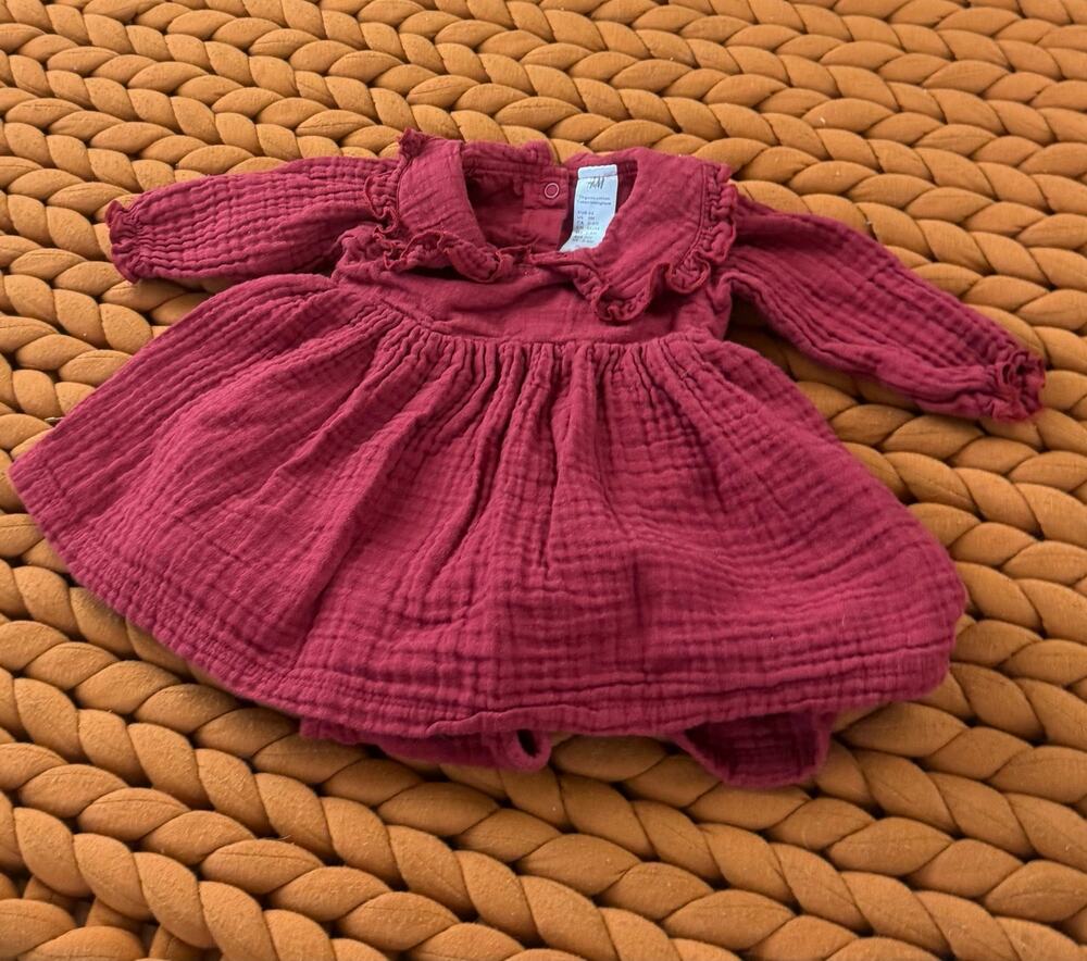 H&M Muslin Cotton Rust Red Dress Ruffle Collar Baby Girl 3 Months